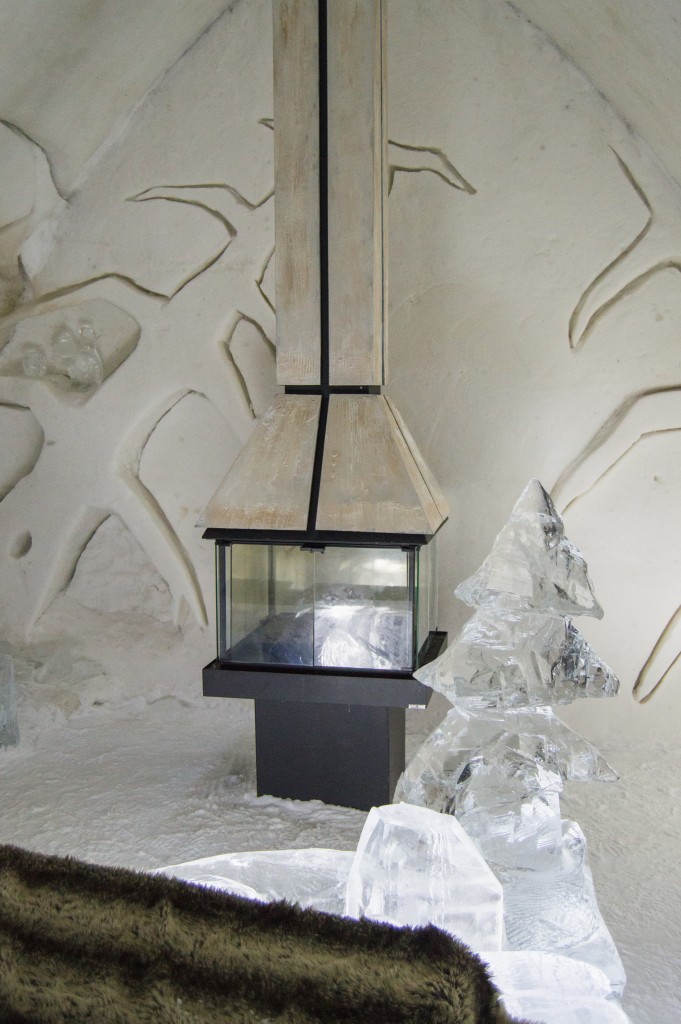 Fireplace in ice hotel Quebec