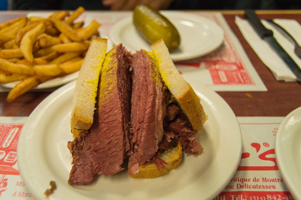 Smoked meat on rye at Schwartz's deli Montreal Canada