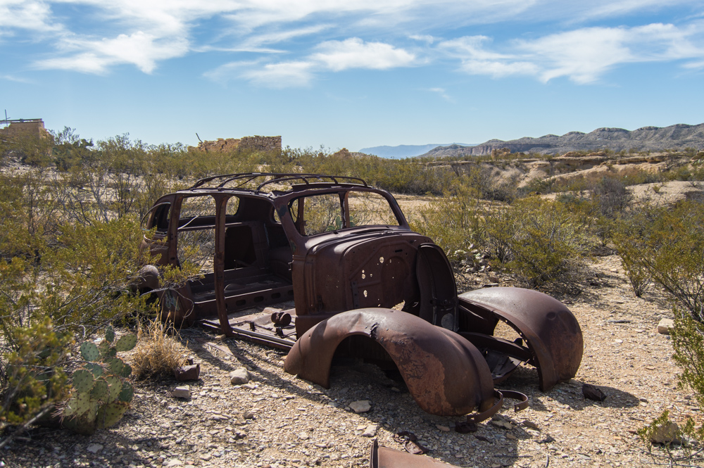 destroyed car at terlingua ghost town