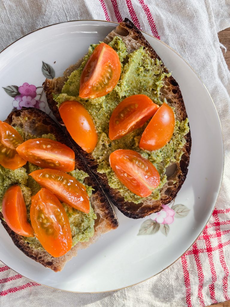 open sandwich with pistachio pesto