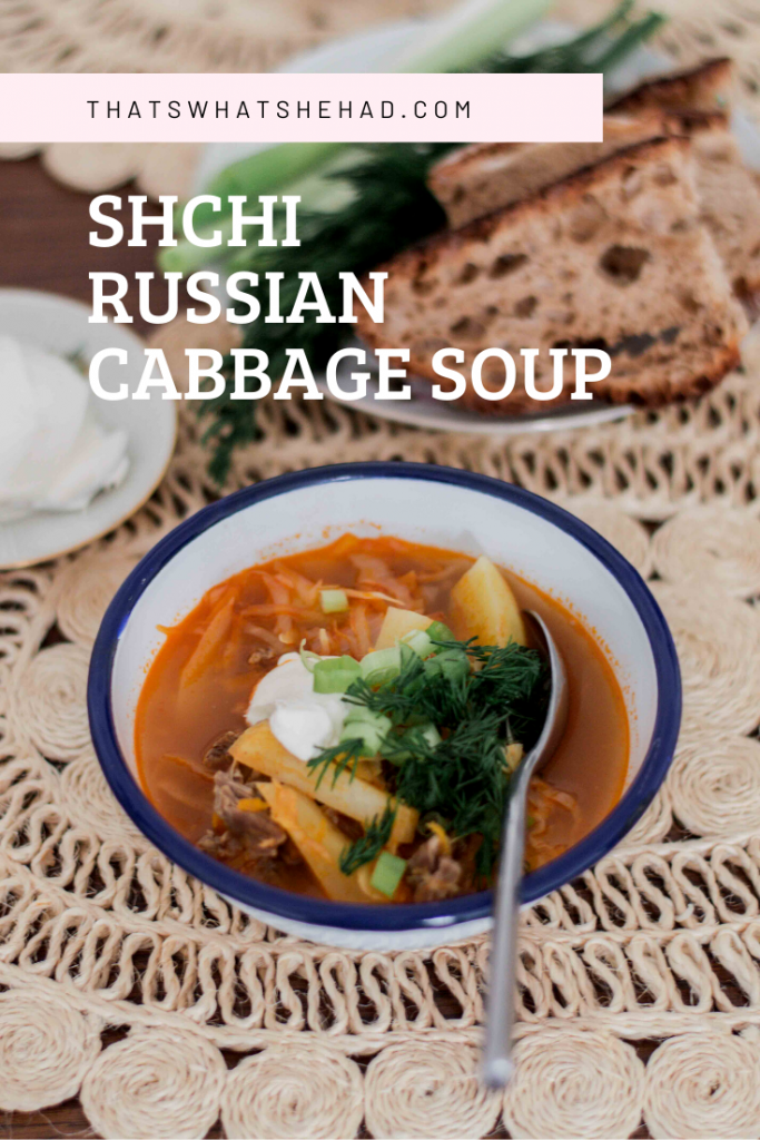 Shchi is a popular soup in Russia, made of fresh cabbage, potatoes and beef. Serve it with sour cream and lots of spring onion, dill and parsley. #soup #cabbage #cabbagesoup #shchi #russianfood