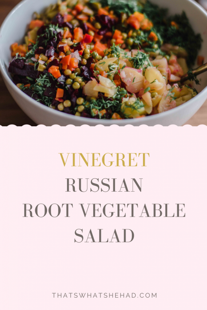 Vinegret is a simple root vegetable salad popular in Russia. It's made with potatoes, beets, carrots, and cornichons and dressed with sunflower oil. It's vegan, can serve as a meal on its own or serve as a side to meat. #russianfood #russiancuisine #russiansalad #russianbeetsalad #vinegret #vegetablesalad #rootvegetablesalad 