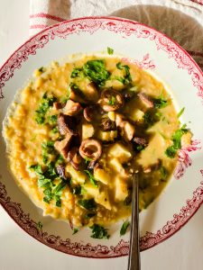 lentil soup topped with shiitake