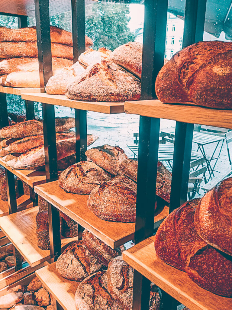 Bread displayed in the window at Copenhagen Coffee Lab