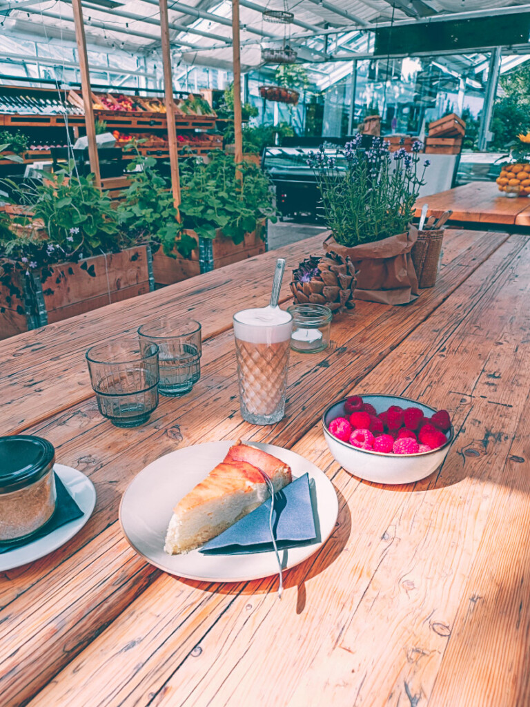 Cheescake, fresh berries and a coffee at Hygge the Farm cafe