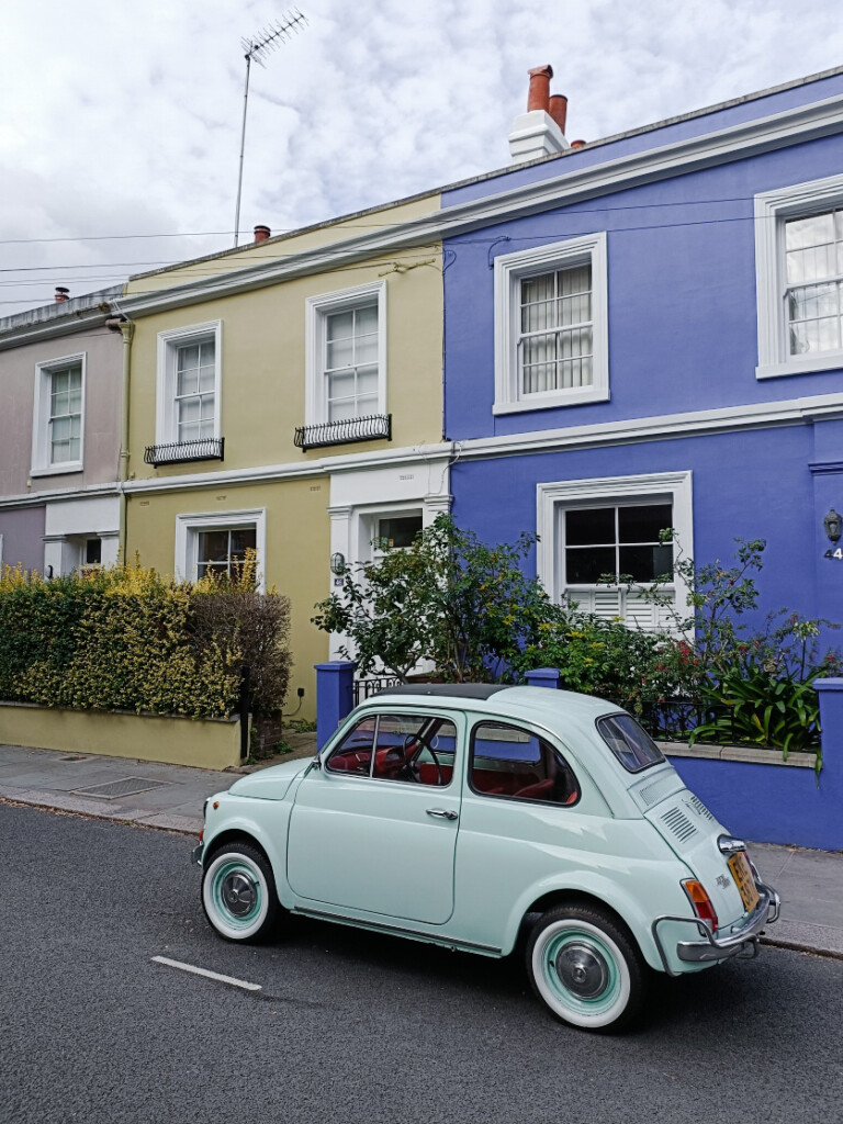 Colorful buildings on the streets of Notting Hill, London.