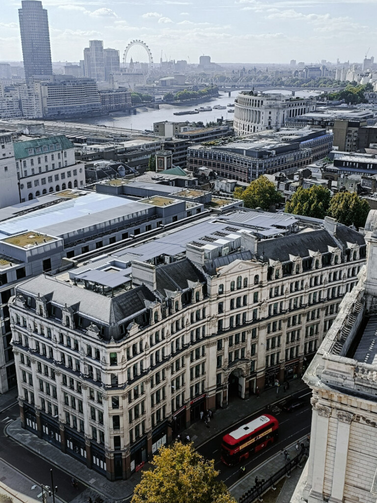 View of London from the top of St. Paul&rsquo;s Cathedral, with the London Eye visible in the distance.