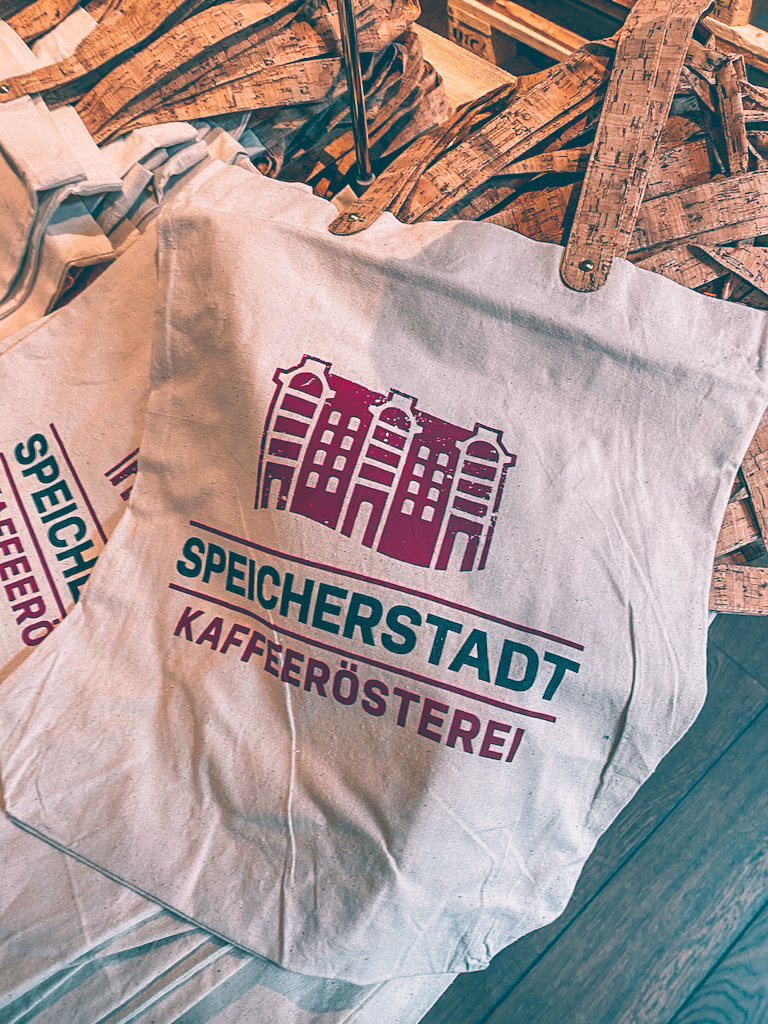 Bags for sale with the speicherstadt cafe logo