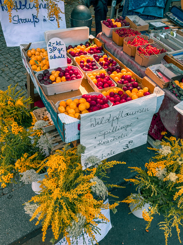 Plums for sale in all different beautiful colors at Kollwitzplatz market in Berlin