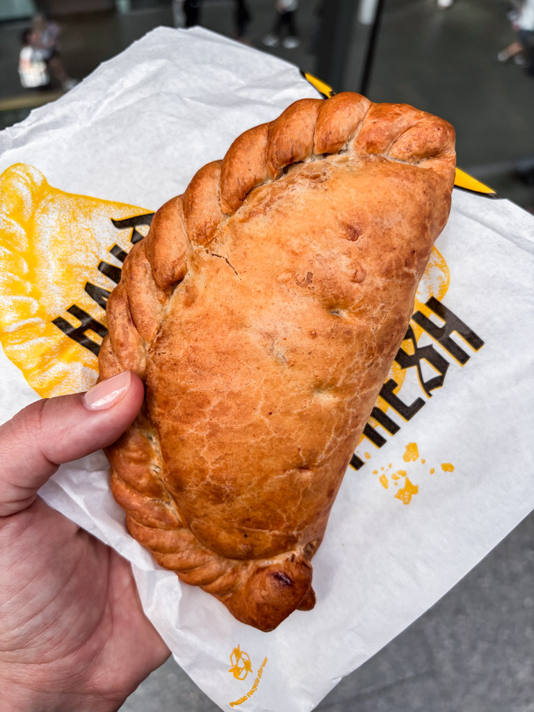 A cornish pasty with a beautiful rim from West Cornwall Pasty is a convenient stop for cheap eats in London