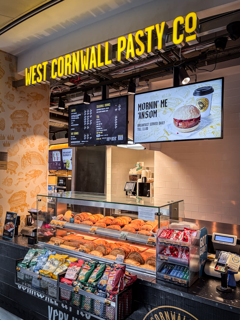 Counter at West Cornwall Pasty with lots of Pasties for sale on display